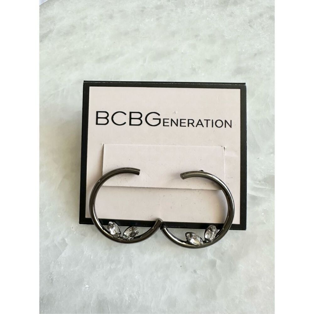 BCBG gun metal hoop rhinestone marquis earrings